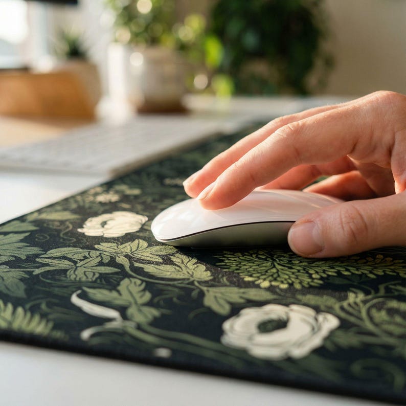 Botanical Art Nouveau Desk Mat - Sage Green Floral And Plant Detailed Design - Ideal Cute Office Decor & Extended Keyboard Mat image 8