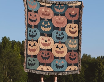 Woven Blanket, Jack O' Lantern Halloween Pumpkin Design, Spooky Fall Throw