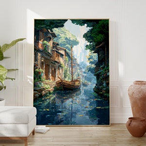 Póster de arte de anime: impresión artística de paisajes de fantasía y lofi, escena de anime serena para la decoración de habitaciones de ensueño y para fanáticos