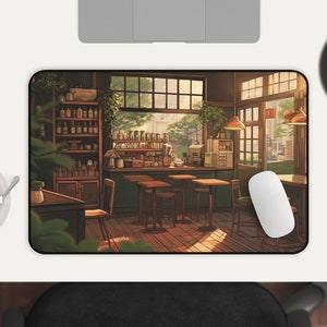 May include: A digital illustration of a cafe interior with a wooden counter, shelves stocked with bottles, and tables with chairs. Sunlight streams through the windows, illuminating the space. The cafe has a warm, inviting atmosphere.