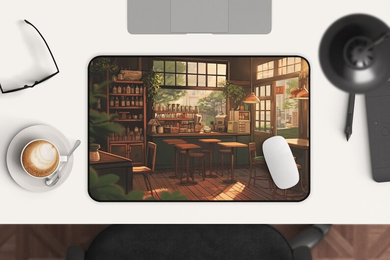 May include: A digital illustration of a cafe interior with a wooden counter, shelves stocked with bottles, and tables with chairs. Sunlight streams through the windows, illuminating the space. The cafe has a warm, inviting atmosphere.