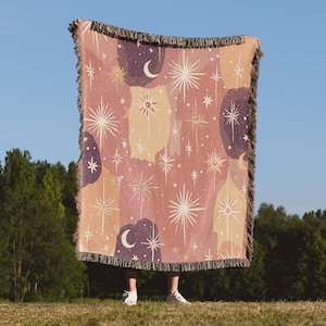 Celestial Woven Blanket, Boho Stars and Moons Throw, Astrology Home Decor, Witchy Gift for Her, Aesthetic Room Tapestry Blanket