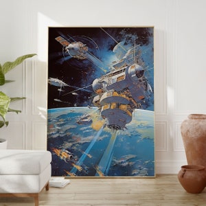Impresión artística de ciencia ficción de los años 60 / Póster de anime y estación espacial futurista / Arte de pared retro para dormitorios y geeks / Decoración de pared de ciencia ficción de exploración espacial