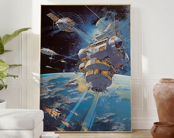 60s Sci Fi Art Print | Futuristic Space Station & Anime Poster | Retro Wall Art for Dorms and Geeks | Space Exploration Scifi Wall Decor