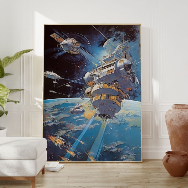 60er Jahre Sci-Fi Kunstdruck | Futuristische Raumstation & Anime Poster | Retro Wandkunst für Studenten und Geeks | Weltraum Exploration Scifi Wand-Dekor