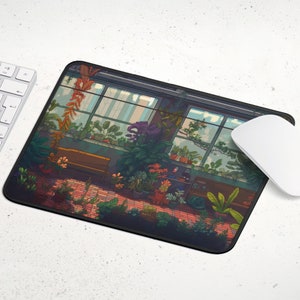 May include: A colorful mousepad featuring a detailed illustration of a room filled with plants and a window. The room has a brick floor and a wooden bench.