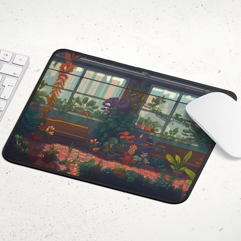May include: A colorful mousepad featuring a detailed illustration of a room filled with plants and a window. The room has a brick floor and a wooden bench.