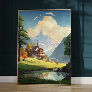 Anime Landschaft Poster - Lebendige Berglandschaft mit Haus am Fluss, ideal für ästhetische Raumdekoration & Anime Liebhaber