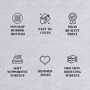 Op de afbeelding: Illustratie van zes kenmerken van een product. De kenmerken omvatten een antislip rubberen bodem, gemakkelijk te reinigen, hoogwaardige print, zacht ondersteunend oppervlak, gezoomde randen en een wrijving verminderend oppervlak.