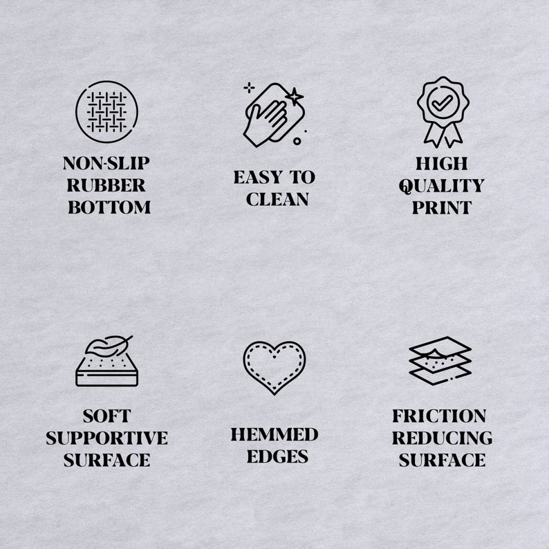 Op de afbeelding: Illustratie van zes kenmerken van een product. De kenmerken omvatten een antislip rubberen bodem, gemakkelijk te reinigen, hoogwaardige print, zacht ondersteunend oppervlak, gezoomde randen en een wrijving verminderend oppervlak.