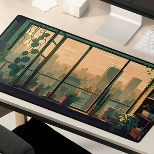 May include: A green and brown illustrated mousepad featuring a large window overlooking a city skyline. The window is framed by potted plants and a bookshelf.