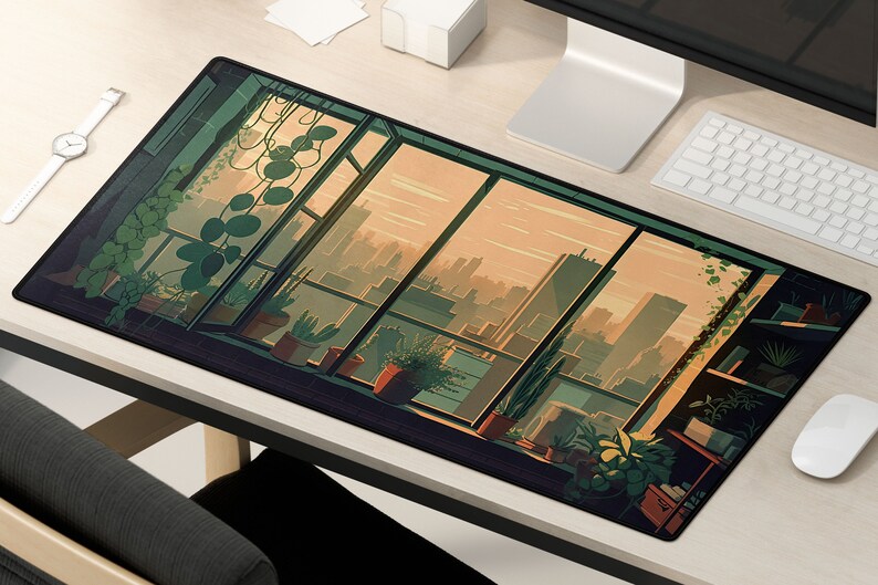 May include: A green and brown illustrated mousepad featuring a large window overlooking a city skyline. The window is framed by potted plants and a bookshelf.