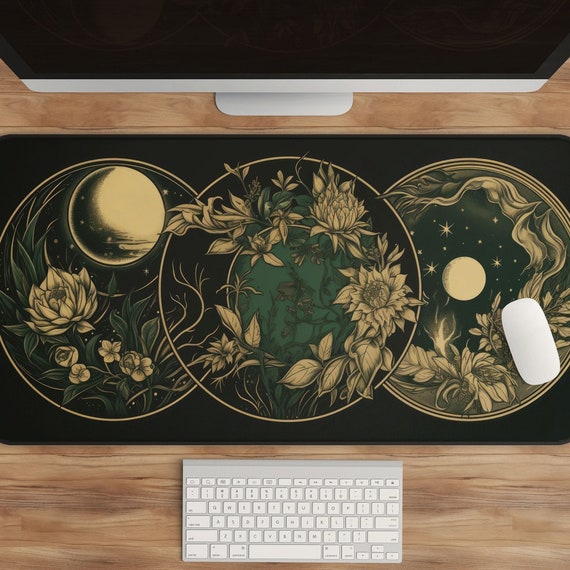 Celestial Desk Mat - Moon Phases, Art Nouveau Witch Aesthetic, Green Dark Academia, Cottagecore Mousepad, XXL Gaming, Extended Cute Desk Mat