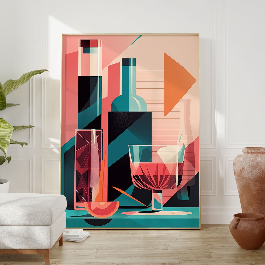 Art Deco Cocktail & Whiskey Poster, Modern Bar Decor, Colorful Wall Art