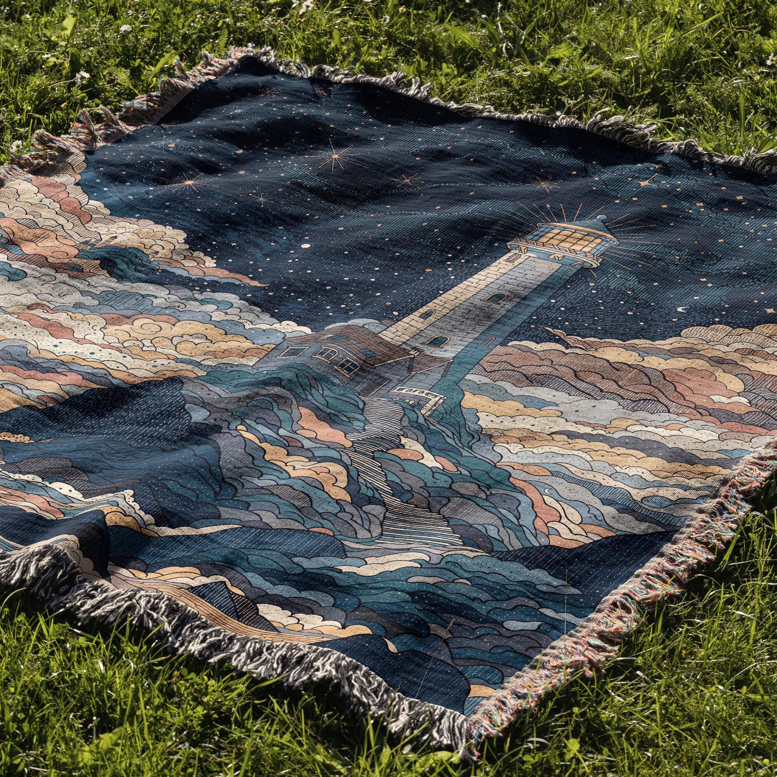 Lighthouse Blanket: Coastal Woven Throw (starry Night, Blue Gold