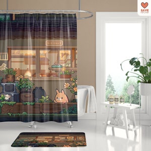Kawaii Anime Samurai Shower Curtain with C-Shaped Hooks for Anime Lovers and Fun Home Decor