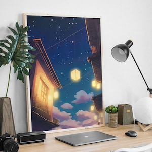 Lámina artística estética lofi, arte mural lofi japonés, póster de anime lofi japonés, póster de música lofi relajante, ilustraciones de animación japonesa acogedora