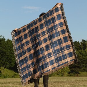 Cotton Woven Blanket: Navy and Yellow Blue Plaid - Rustic Cabin Style image 2