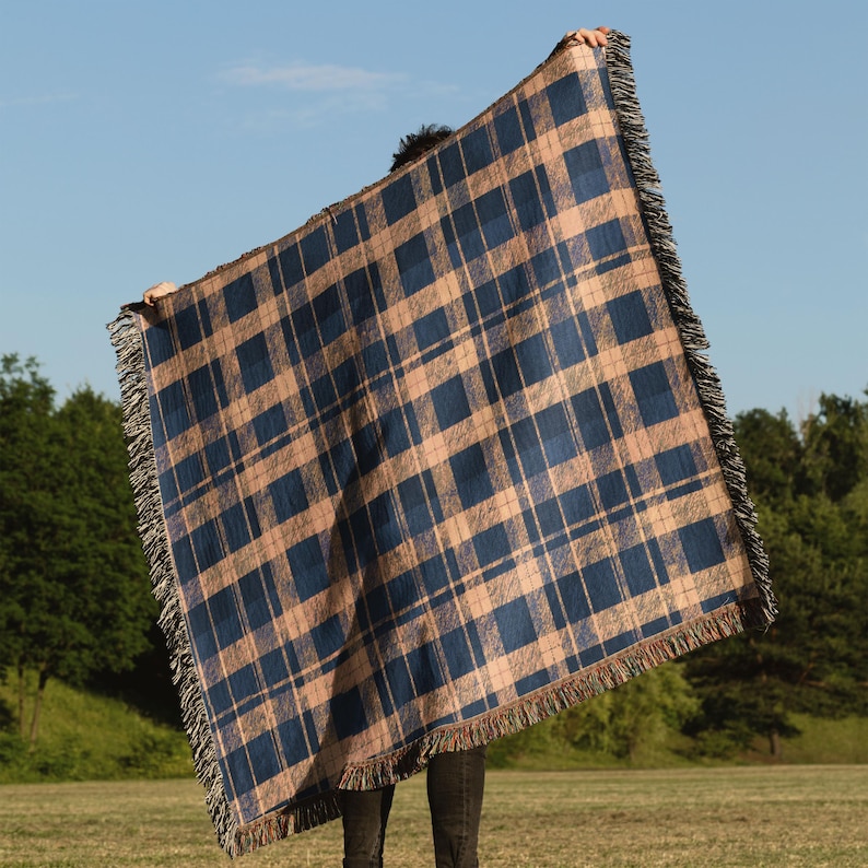 Cotton Woven Blanket: Navy and Yellow Blue Plaid - Rustic Cabin Style image 2