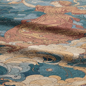 May include: A tapestry featuring an Art Nouveau style illustration of a figure with outstretched arms, set against a backdrop of clouds and a teal sky. The figure is clad in a flowing, peach-colored gown. The design incorporates swirling cloud formations.