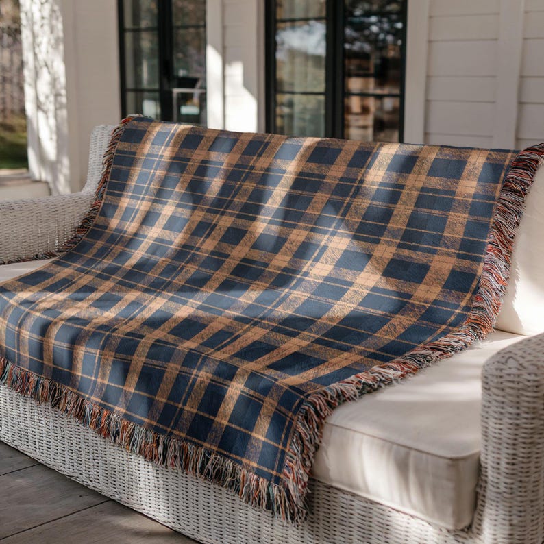Cotton Woven Blanket: Navy and Yellow Blue Plaid - Rustic Cabin Style image 3