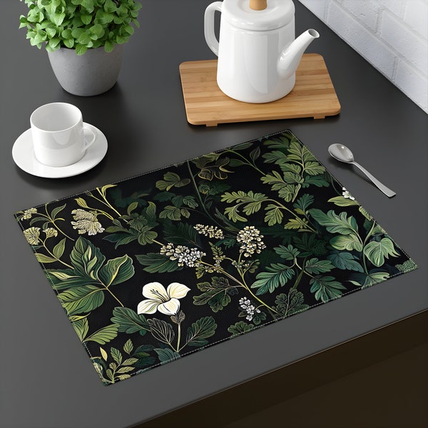 Botanical Placemat: Elegant Leaf Print with Black Background, Perfect for Dinner Parties and Home Decor