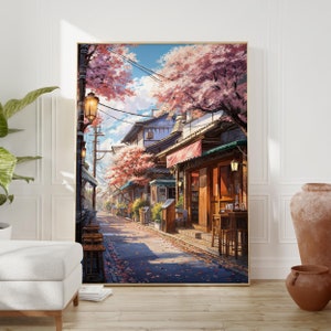 Lofi Poster with Sakura Cherry Blossom | Japanese Anime Street Art for Bedroom, Relaxing Cityscape Wall Decor for Anime Lovers