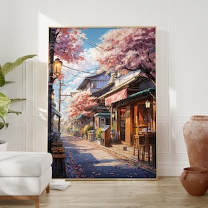Lofi Poster mit Sakura Kirschblüte | Japanische Anime Street Art für Schlafzimmer, entspannende Stadtbild Wanddekoration für Anime Liebhaber