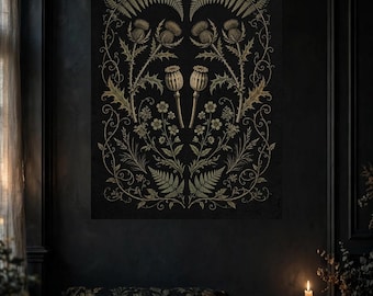 Dark Academia Botanical Wall Tapestry - Moody Gothic Floral Hanging for Bedroom or Study