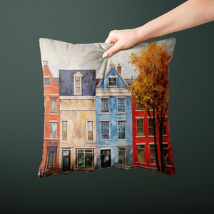 Cojín decorativo otoñal para el hogar, de gamuza sintética acogedora con estampado de casas de colores, arte urbano para sala de estar, regalo único
