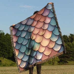 Dragon Scale Woven Blanket | Whimsigoth Fantasy Throw, Rainbow Scales Picnic Blanket, Cozy Dragon Blanket
