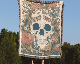 Floral Skull Woven Blanket, Gothic Boho Throw