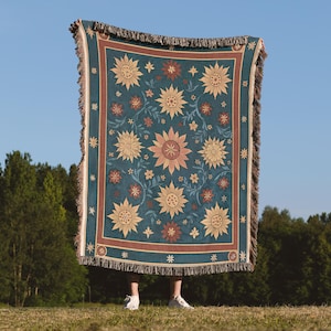 Sunflower Woven Blanket, Boho Floral Throw, Cottagecore Botanical Decor, Vintage Couch Throw Blanket
