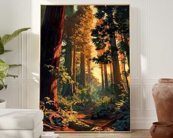 Redwood Forest Sunrise Poster, Anime Landscape Wall Art, Cinematic Nature Print