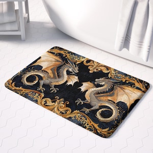 Gothic Dragon Bath Mat, Fantasy Decor for Bathroom, Unique Gift for RPG Lovers, Intricate Dragon Design Bathrug