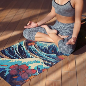 Japanese-Inspired Yoga Mat | Ocean Wave Design | Vibrant Turquoise & Orange | Unique Gift for Yoga Enthusiasts