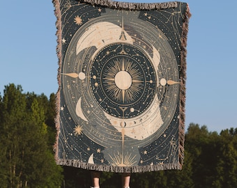 Celestial Sun and Moon Woven Blanket, Astrology Zodiac Constellation Throw, Mystical Witchy Decor