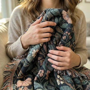 Dark Floral Blanket Woven Throw, Autumn Botanical Design, Cozy Fall Decor, Vintage Garden Style image 13