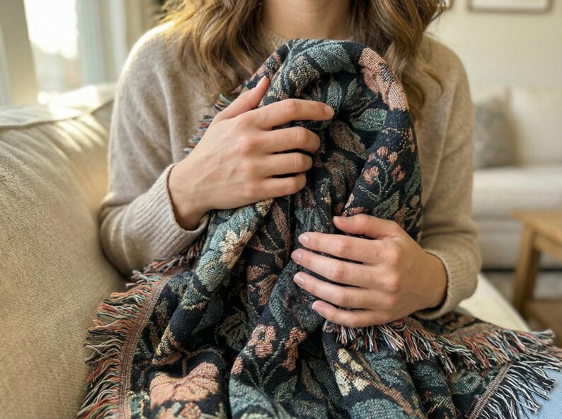Dark Floral Blanket Woven Throw, Autumn Botanical Design, Cozy Fall Decor, Vintage Garden Style image 13
