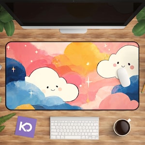 Cute Cloud Desk Mat, Pastel Sky Mouse Pad, Kawaii Clouds Design, Aesthetic Large Gaming Desk Mat, Cute Desk Decor