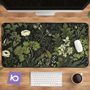 Botanical Art Nouveau Desk Mat - Sage Green Floral And Plant Detailed Design - Ideal Cute Office Decor & Extended Keyboard Mat image 13