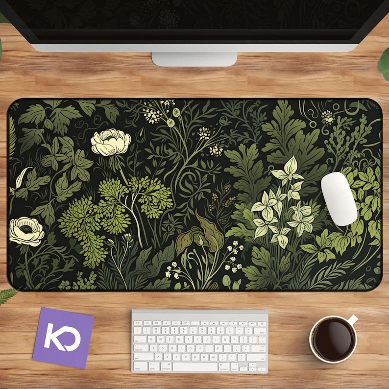 Botanical Art Nouveau Desk Mat - Sage Green Floral And Plant Detailed Design - Ideal Cute Office Decor & Extended Keyboard Mat image 13
