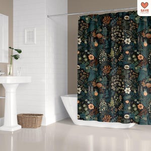 May include: A shower curtain with a dark blue background and a floral pattern in shades of orange, green, and white.