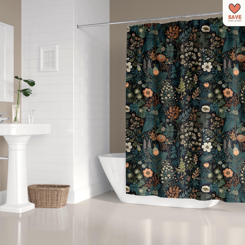 May include: A shower curtain with a dark blue background and a floral pattern in shades of orange, green, and white.