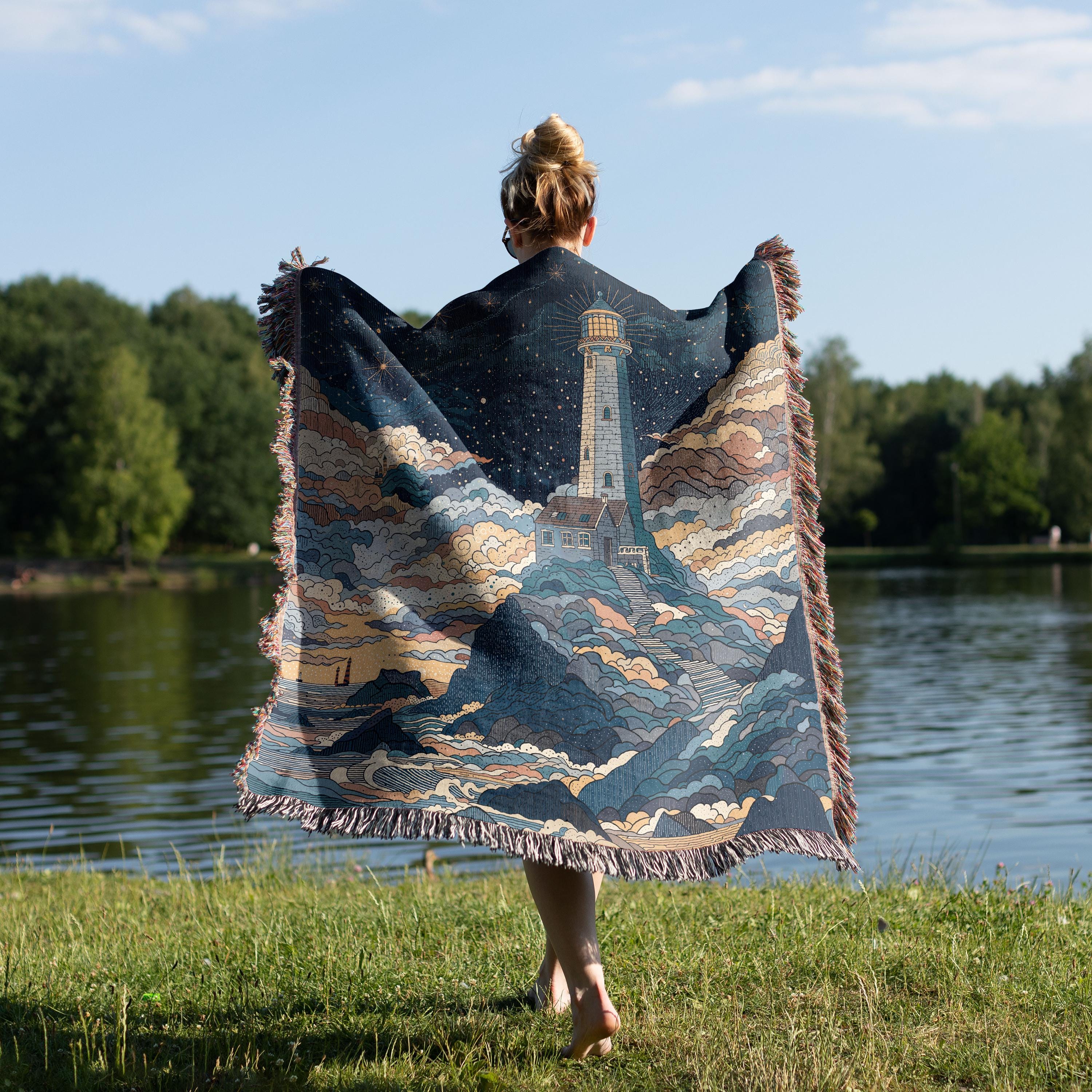 Lighthouse Blanket: Coastal Woven Throw (starry Night, Blue Gold