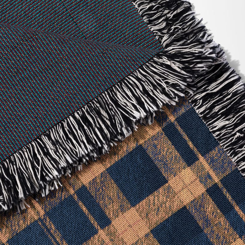 Cotton Woven Blanket: Navy and Yellow Blue Plaid - Rustic Cabin Style image 4