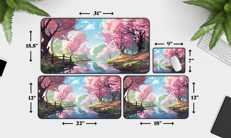 May include: Four different sizes of mouse pads featuring a digital illustration of a river flowing through a forest with pink cherry blossom trees. The largest mouse pad is 31 inches by 15.5 inches, the next largest is 22 inches by 12 inches, the next is 18 inches by 12 inches, and the smallest is 9 inches by 7 inches.