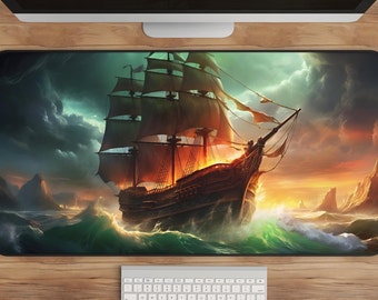 Pirate Ship Desk Mat: Fantasy Ocean Design - Non-Slip Gaming Pad