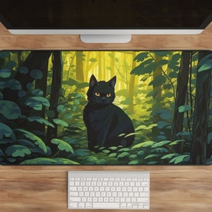 Black Cat Forest Desk Mat - Serene Mousepad - Comfortable and Durable Non-Slip Pad for Work, Study, Gaming