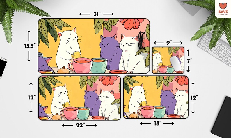 Peut inclure: Ensemble d'accessoires de bureau sur le th&egrave;me des chats, comprenant un tapis de bureau de 78,7 cm sur 39,4 cm, un tapis de bureau de 55,9 cm sur 30,5 cm, un tapis de bureau de 45,7 cm sur 30,5 cm et un tapis de souris de 22,9 cm sur 17,8 cm. Chaque pi&egrave;ce pr&eacute;sente une illustration de chats avec des tasses &agrave; th&eacute;.